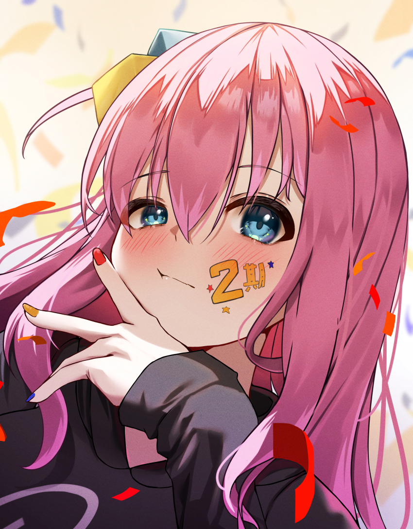 1girl absurdres black_jacket blue_eyes blue_nails blurry blurry_background blush bocchi_the_rock! bureoeve closed_mouth confetti cube_hair_ornament facial_mark fingernails gotoh_hitori hair_between_eyes hair_ornament highres jacket long_hair long_sleeves nail_polish one_side_up pink_hair red_nails solo star_(symbol) star_facial_mark yellow_nails