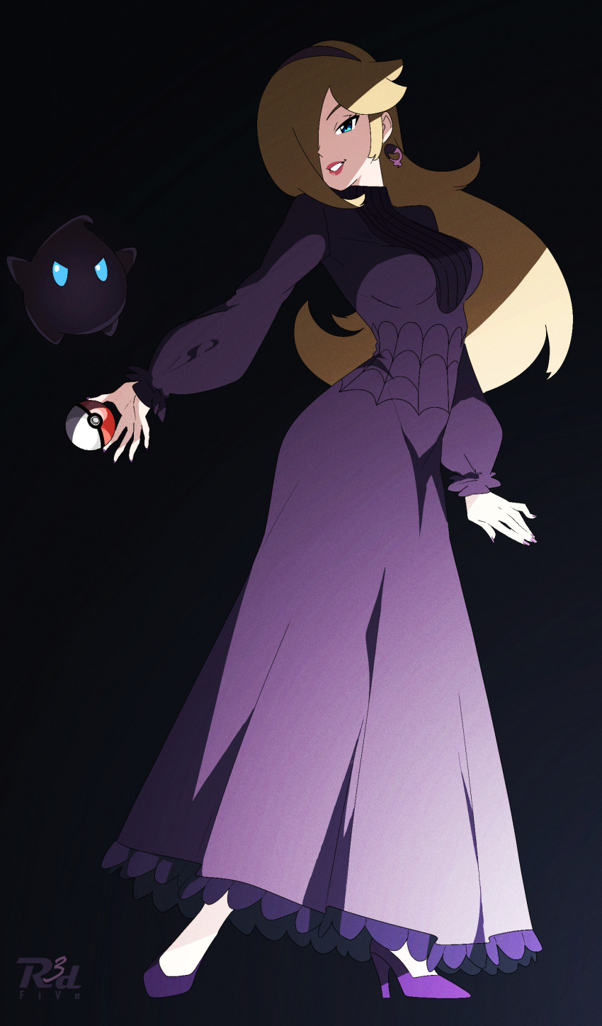 1girl 1other absurdres artist_name black_background blonde_hair blue_eyes breasts cosplay creatures_(company) dress earrings full_body game_freak hair_over_one_eye hex_maniac_(pokemon) hex_maniac_(pokemon)_(cosplay) high_heels highres holding holding_poke_ball jewelry long_dress long_hair long_sleeves looking_at_viewer luma_(mario) mario_(series) medium_breasts nintendo poke_ball poke_ball_(basic) pokemon pokemon_xy polari_(super_mario_galaxy) purple_dress purple_footwear r3dfive rosalina simple_background spider_web_print standing super_mario_galaxy turtleneck