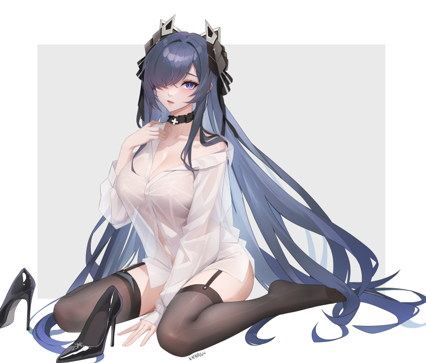 1girl absurdres august_von_parseval_(azur_lane) august_von_parseval_(the_unhulde&#039;s_midday_respite)_(azur_lane) azur_lane black_bow black_choker black_footwear black_pantyhose bow breasts chinese_commentary choker collar collarbone collared_shirt covered_erect_nipples cross curled_horns dragon_girl dragon_horns feet fine_fabric_emphasis garter_straps hair_over_one_eye hand_up high_heels highres horns large_breasts long_hair looking_at_viewer mechanical_horns navel official_alternate_costume one_eye_covered pantyhose parted_lips purple_eyes purple_hair see-through_clothes shirt shoes signature simple_background sitting solo thighs unworn_shoes very_long_hair wariza white_collar xnnagu