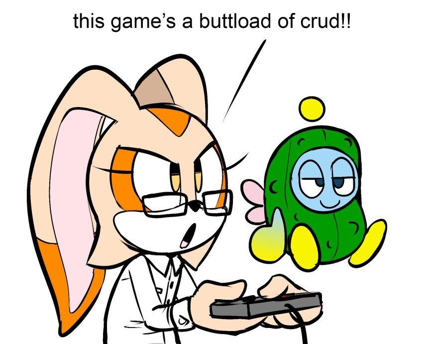 angry_video_game_nerd chao_(sonic) cheese_(sonic) controller cosplay costume_switch cream_the_rabbit glasses james_rolfe nes_controller qqlettuce rabbit_ears shit_pickle sonic_(series) speech_bubble yellow_eyes