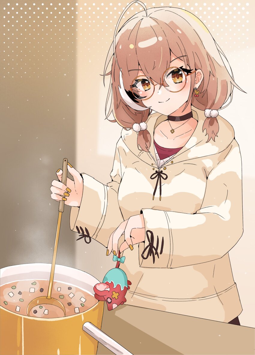 1girl 1other absurdres ahoge animal berry black_choker brown_eyes brown_hair brown_hoodie brown_nails choker cooking cooking_pot ddrawins earrings food food-themed_earrings glasses highres holding holding_animal holding_ladle hololive hololive_english hood hoodie jewelry ladle looking_at_viewer low_twintails mr._squeaks_(hakos_baelz) nanashi_mumei nanashi_mumei_(casual) necklace pom_pom_(clothes) red_shirt round_eyewear shirt smile soup sweater twintails virtual_youtuber white_sweater