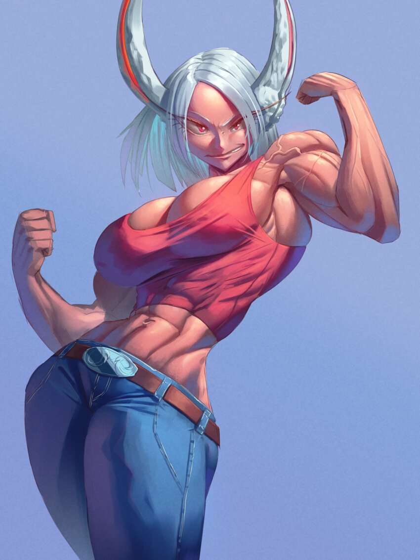 1girl abs absurdres animal_ears belt biceps blue_background boku_no_hero_academia breasts dark-skinned_female dark_skin denim double_biceps_pose eyes_visible_through_hair flexing grin highres jeans large_breasts leaning_to_the_side long_eyelashes looking_at_viewer medium_hair mirko mr_cheesedong muscular muscular_female pants parted_bangs rabbit_ears rabbit_girl red_eyes red_tank_top simple_background smile solo tank_top thighs veins veiny_arms white_hair