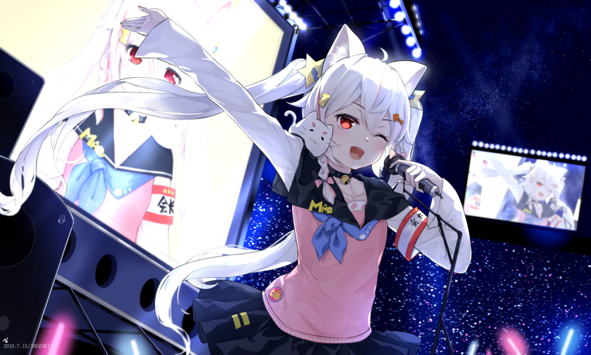 1girl ;d animal animal_ears animal_on_shoulder armband artist_name black_skirt bow braid dated fish_hair_ornament floodlights glowstick hair_bow hair_ornament highres holding holding_microphone idol long_hair long_sleeves microphone multicolored_hair one_eye_closed open_mouth original pink_bow pink_vest red_eyes red_hair skirt smile snozaki speaker standing star_(symbol) star_hair_ornament streaked_hair television twintails very_long_hair vest white_hair