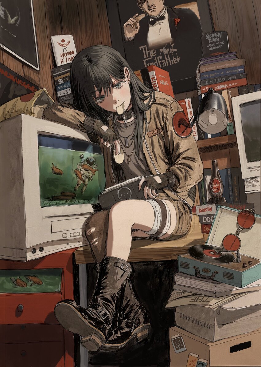 1girl absurdres bandages black_boots black_hair book boots chips_(food) collar fallout fingerless_gloves fish food food_in_mouth gloves gold_can grey_eyes handheld_game_console highres monitor nuka_cola original phonograph playstation_portable record sitting solo spiked_collar spikes the_godfather unworn_eyewear