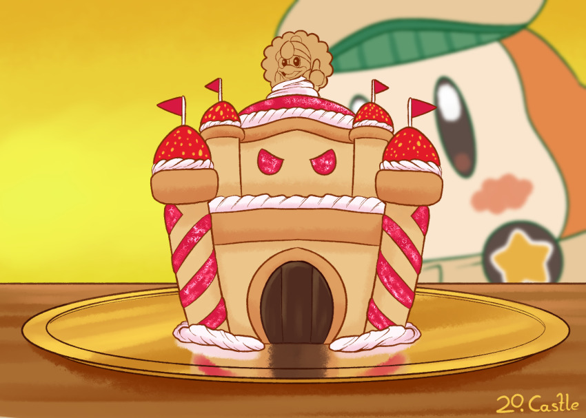 brown_hat castle_dedede flag food fruit hat king_dedede kirby_(series) kirby_cafe nintendo no_humans plate sol-lar-bink star_(symbol) strawberry waddle_dee yellow_background