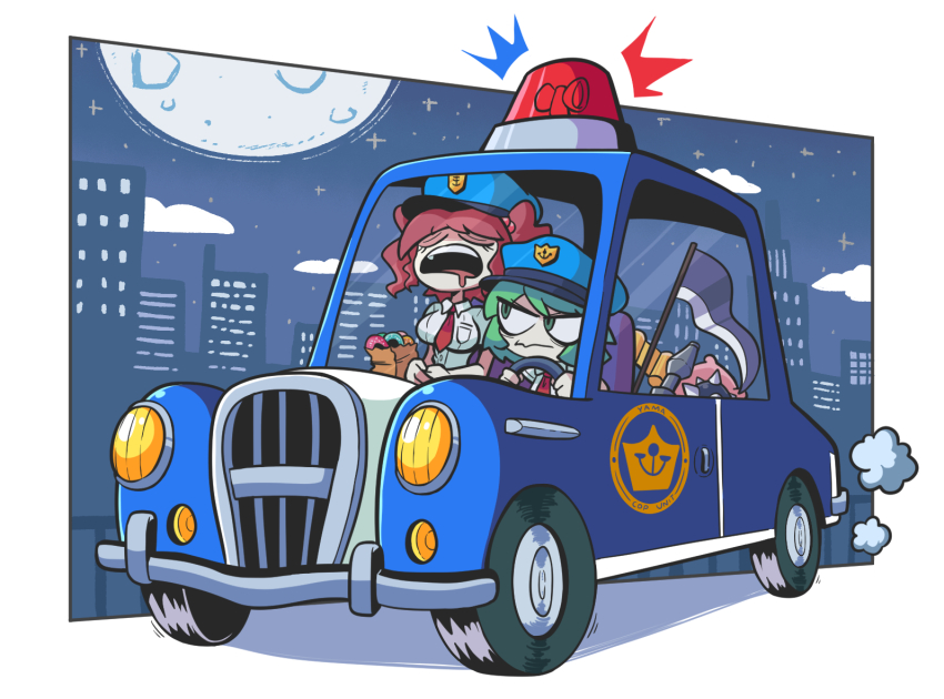 2girls alternate_costume bag blue_hat car city closed_eyes collared_shirt commentary doughnut driving english_commentary food full_moon green_eyes green_hair hair_bobbles hair_ornament hat kevin_arthur looking_at_another looking_to_the_side moon motor_vehicle multiple_girls necktie night onozuka_komachi open_mouth paper_bag police police_car police_uniform policewoman red_hair red_necktie rock scythe shiki_eiki shirt short_hair sleeping touhou two_side_up upper_body white_shirt