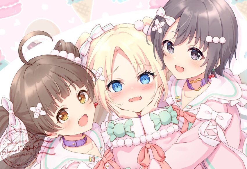 3girls :d @_@ ahoge bandaid bandaid_hair_ornament blonde_hair blue_eyes blunt_bangs blush bow brown_eyes brown_hair character_request check_character collarbone commentary cosplay crossover dress fang frilled_sailor_collar frills grey_eyes grey_hair group_hug hair_bow hair_ornament hair_ribbon hakozaki_serika hakuchu_a_la_mode hanazora_satsuki hands_on_own_cheeks hands_on_own_face hug idolmaster idolmaster_cinderella_girls idolmaster_million_live! link!_like!_love_live! long_hair long_sleeves looking_at_viewer love_live! multiple_girls nose_blush open_mouth osawa_rurino osawa_rurino_(cosplay) otokura_yuuki parted_bangs pink_dress ribbon sailor_collar sailor_dress short_hair skin_fang smile striped_ribbon swept_bangs twintails two_side_up upper_body virtual_youtuber watermark white_background white_bow white_ribbon white_sailor_collar