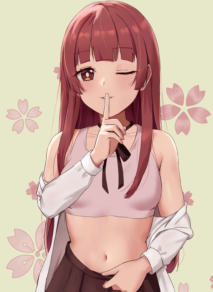 1girl amayo_thranana bra breasts brown_ribbon brown_skirt collarbone commentary_request commission finger_to_mouth highres kumichou_musume_to_sewagakari long_hair long_sleeves looking_at_viewer navel neck_ribbon one_eye_closed pink_bra red_eyes red_hair ribbon sakuragi_yaeka shirt shushing skeb_commission skirt small_breasts solo underwear upper_body white_shirt