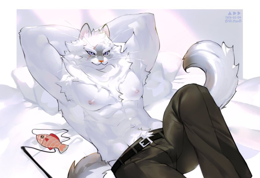 1boy arms_behind_head bara bed_sheet black_pants body_fur cat_boy commentary_request furry furry_male knee_up korean_commentary looking_at_viewer lying male_focus muscular muscular_male neck_fur nipples on_back original pants pillow purple_eyes scar scar_across_eye sd_planb smile solo tail topless_male white_background white_fur