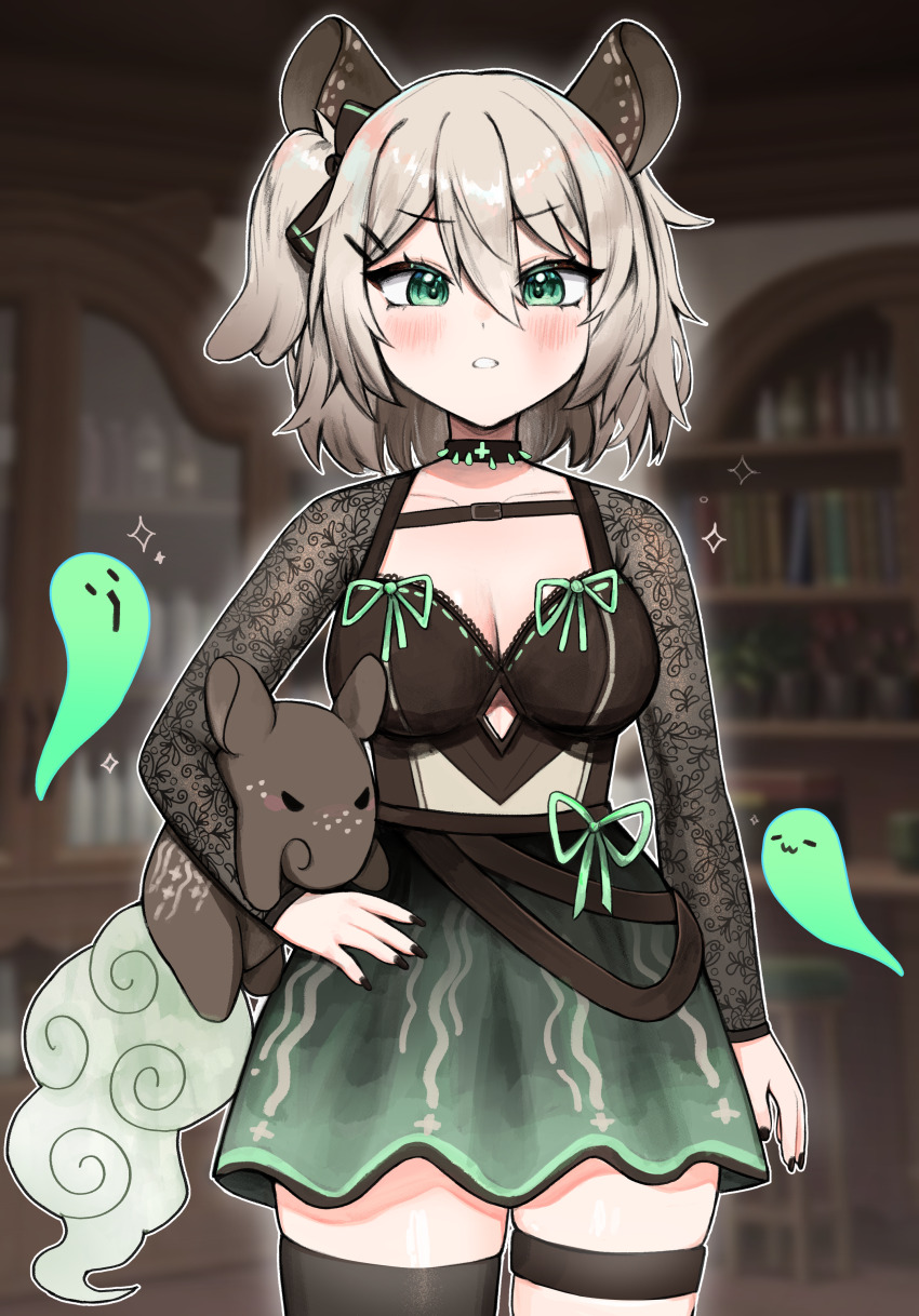 1girl absurdres animal_ears bilingual_commentary black_thighhighs blurry blurry_background breasts cleavage commentary daemo72 english_commentary gradient_clothes gradient_skirt green_eyes green_skirt grey_hair highres indie_virtual_youtuber indoors lace_sleeves large_breasts medium_hair mixed-language_commentary naplings_(nimi_nightmare) nimi_nightmare nimi_nightmare_(tapir) one_side_up outline single_thighhigh skirt solo tapir tapir_ears tapir_girl thigh_strap thighhighs virtual_youtuber white_outline