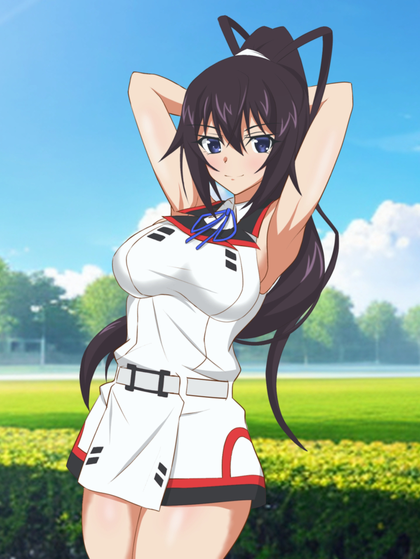 1girl armpits arms_behind_head blue_eyes breasts brown_hair hair_ribbon hata_(pixiv10403940) highres infinite_stratos large_breasts legs long_hair looking_at_viewer ponytail ribbon school_uniform seductive_gaze seductive_smile shinonono_houki sideboob sleeveless smile solo thick_thighs thighs