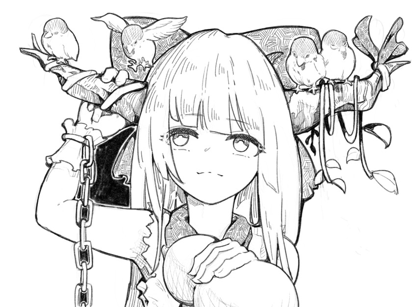 1girl bird bow closed_mouth commentary cuffs gourd greyscale hair_bow highres holding holding_gourd horn_ornament horn_ribbon horns ibuki_suika long_hair monochrome oni ribbon sashimi_oniku shackles smile solo torn_clothes torn_sleeves touhou wrist_cuffs