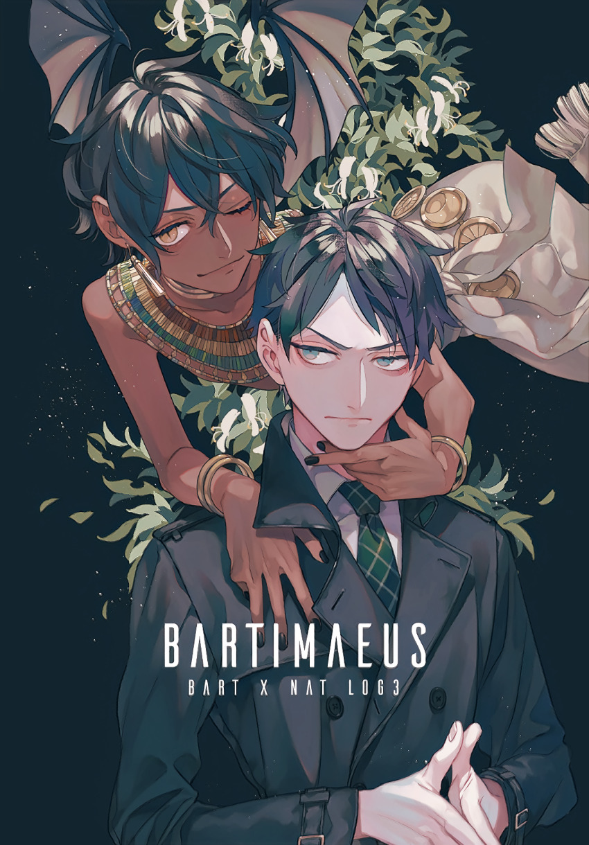 2boys bartimaeus bartimaeus_(character) black_hair blue_eyes colored_skin demon_boy demon_wings earrings highres jacket jewelry john_mandrake male_focus multiple_boys necktie one_eye_closed red_skin short_hair smile toshiki_(joli) wings