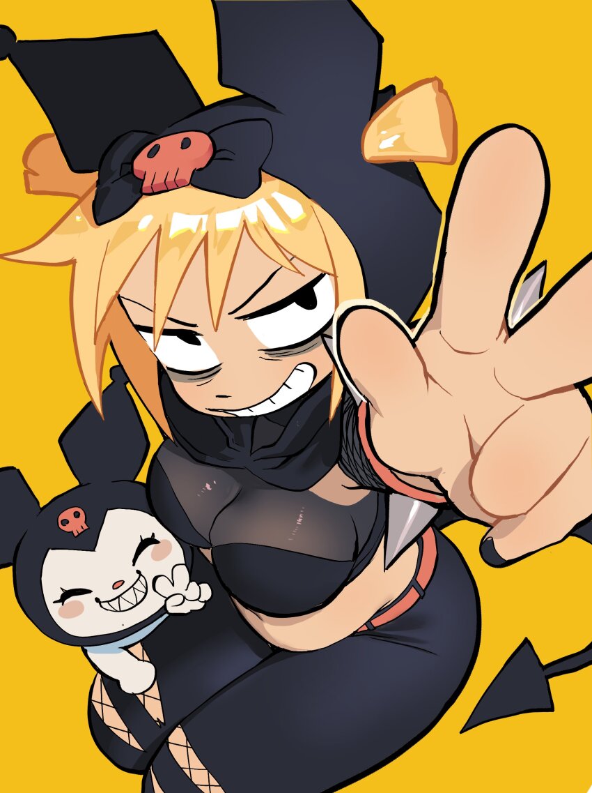 2girls absurdres animal_ears animal_hat bags_under_eyes belly belt black_eyes black_nails black_pants blonde_hair blush_stickers bnm6517 bow breasts chibi closed_eyes commentary_request cosplay crossover demon_tail fake_animal_ears fishnets furry furry_female grin hat highres jitome korean_commentary kuromi kuromi_(cosplay) looking_at_viewer medium_breasts midriff multiple_girls nail_polish navel onegai_my_melody pants perspective rabbit_ears rabbit_girl roxie_richter sanrio scott_pilgrim_(series) scott_pilgrim_takes_off see-through_clothes sharp_teeth short_hair short_twintails simple_background skull smile tail teeth torn_clothes torn_pants twintails v yellow_background