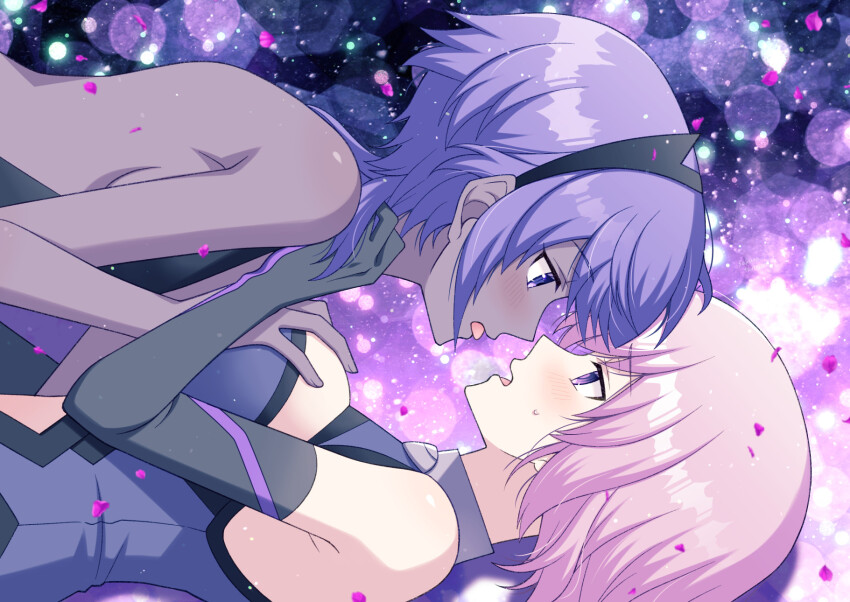 2girls bare_shoulders black_gloves black_hairband black_leotard breasts cleavage_cutout clothing_cutout dark-skinned_female dark_skin elbow_gloves fate/grand_order fate_(series) gloves grabbing_another&#039;s_breast groping hairband hassan_of_serenity_(fate) highres large_breasts leotard light_purple_hair mash_kyrielight medium_breasts multiple_girls open_mouth profile purple_eyes purple_hair sakura_tsubame short_hair sidelocks yuri