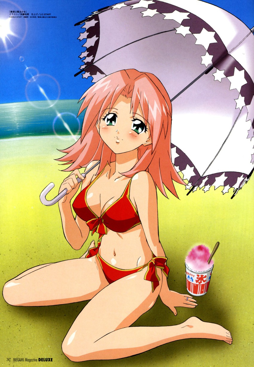 00s 1girl asaba_ureshiko barefoot beach bikini blush female_focus food green_eyes highres katou_hiromi long_hair megami_magazine navel okusama_wa_mahou_shoujo pink_hair red_bikini shaved_ice sitting solo swimsuit umbrella wariza