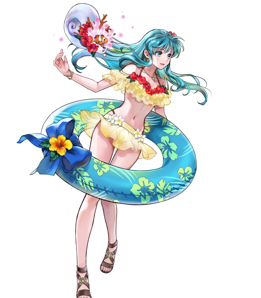 1girl aqua_eyes aqua_hair bare_shoulders bikini bikini_skirt breasts brown_footwear clownfish eirika_(fire_emblem) feet female_focus fire_emblem fire_emblem:_the_sacred_stones fire_emblem_heroes fish flower full_body hair_flower hair_ornament highres innertube layered_bikini long_hair matching_hair/eyes midriff multicolored_bikini navel nintendo non-web_source off-shoulder_bikini off_shoulder official_art red_bikini sandals solo stomach swim_ring swimsuit toeless_footwear toes transparent_background two-tone_bikini wada_sachiko yellow_bikini