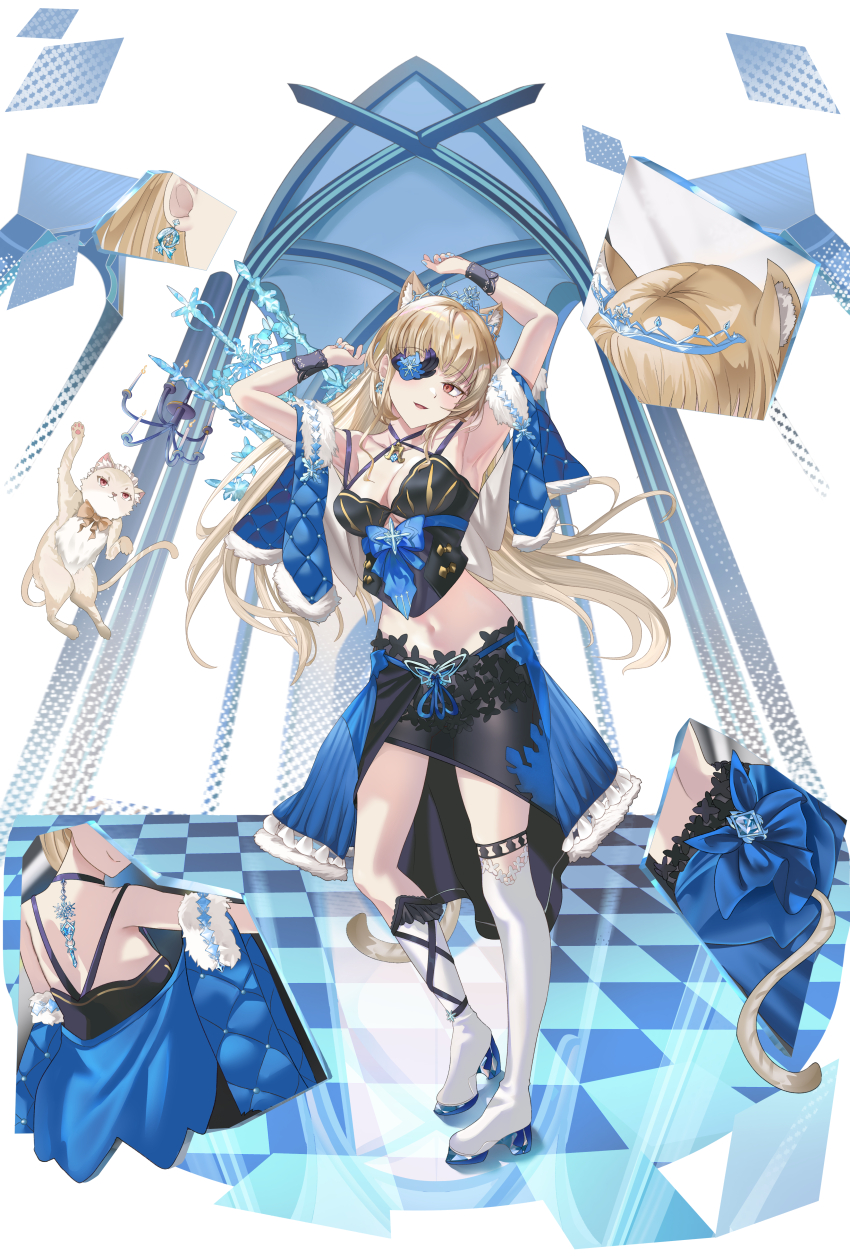 1girl absurdres animal_ears armpits arms_up asymmetrical_footwear bare_shoulders black_shirt black_skirt blonde_hair boots cat_ears cat_fantasy clothing_cutout crop_top eyepatch full_body highres knee_boots long_hair looking_at_viewer midriff mosta_(lo1777789) navel open_mouth red_eyes sash shirt skirt sleeveless sleeveless_shirt smile solo standing stomach thigh_boots thighhighs underboob_cutout white_thighhighs