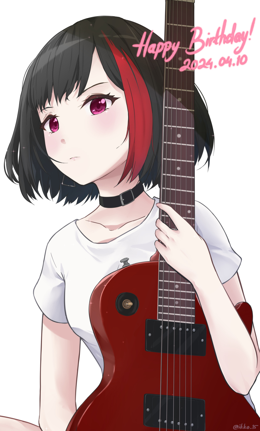 1girl absurdres bang_dream! black_choker black_hair breasts choker closed_mouth collarbone commentary dated electric_guitar gibson_les_paul guitar happy_birthday highres holding holding_guitar holding_instrument ikko15 instrument medium_breasts mitake_ran multicolored_hair purple_eyes red_hair red_streaks shade shirt short_hair simple_background solo streaked_hair twitter_username white_background white_shirt