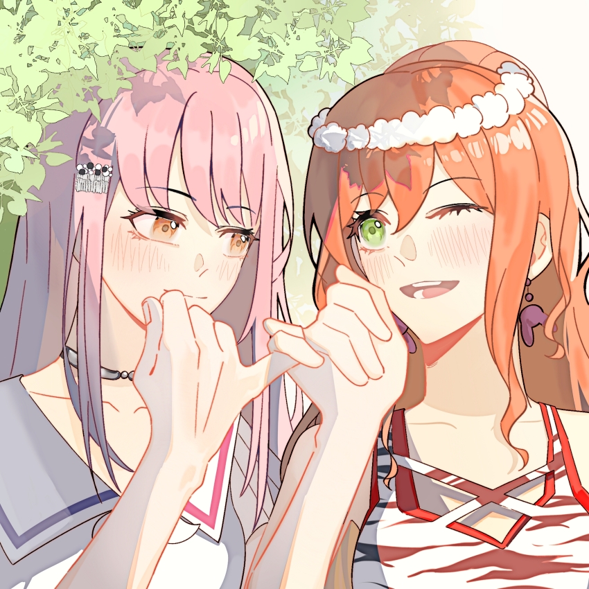 2girls bang_dream! blush brown_hair choker closed_mouth collarbone commentary flower_wreath green_eyes grey_choker highres imai_lisa koaok long_hair minato_yukina multiple_girls one_eye_closed open_mouth orange_eyes pink_hair pinky_swear ponytail shirt tank_top teeth upper_body white_shirt white_tank_top yuri