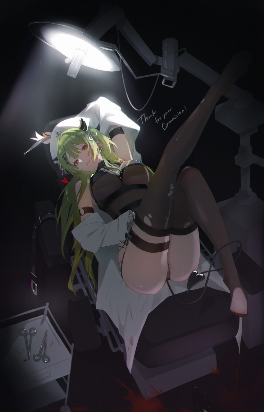 1girl absurdres ass bandaged_hand bandages black_thighhighs blood commentary_request commission demon_horns demon_tail ear_piercing english_text full_body girls&#039;_frontline green_hair hair_ornament hat heart heart-shaped_pupils highres holding_scalpel horns jacket letter_hair_ornament long_hair looking_at_viewer lying mk48_(culprit_of_love)_(girls&#039;_frontline) mk48_(girls&#039;_frontline) neu_(musyoku-neet) no_shoes nurse_cap off_shoulder official_alternate_costume on_back parted_lips piercing pixiv_commission red_eyes scalpel soles solo symbol-shaped_pupils tail thank_you thighhighs torn_clothes torn_thighhighs white_jacket