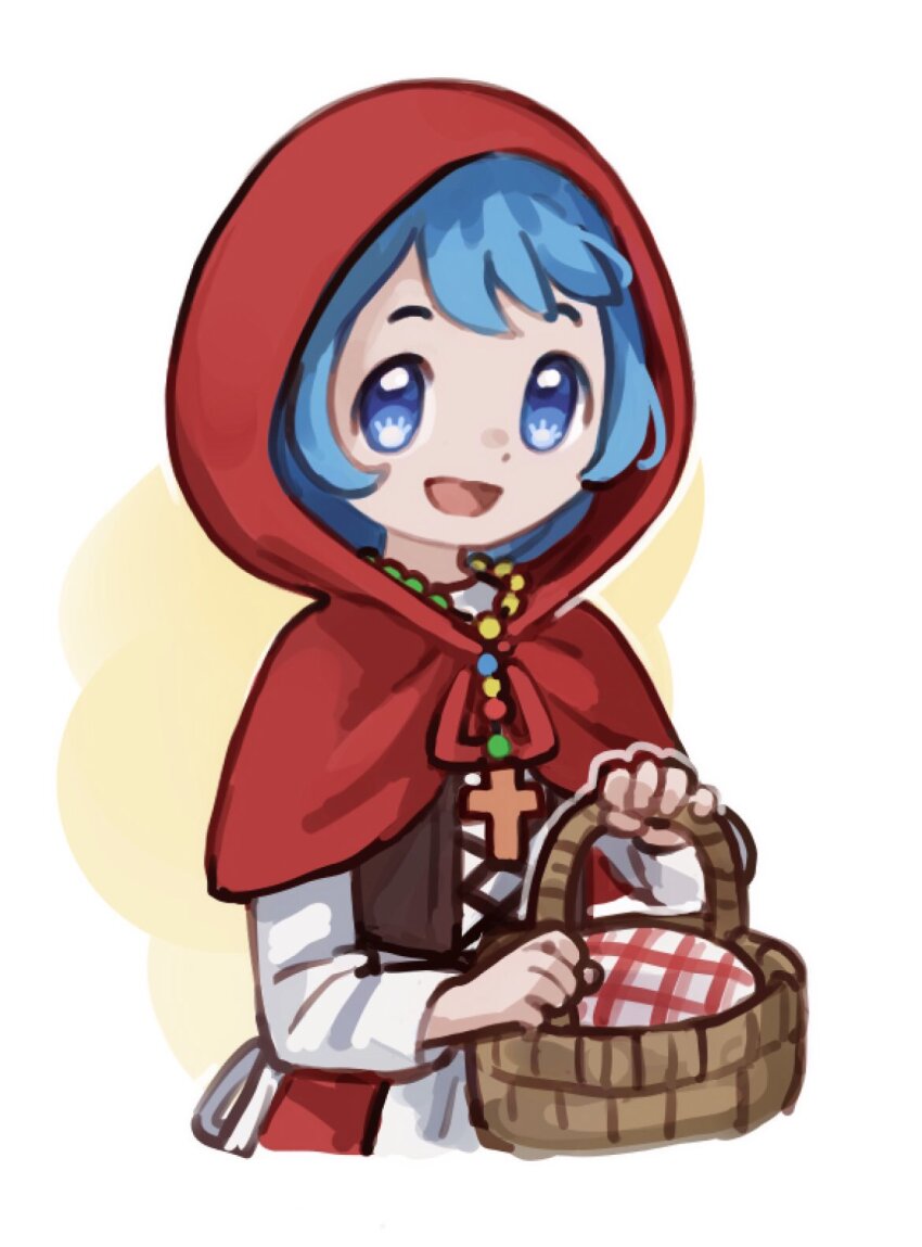 1girl :d basket bead_necklace beads blue_eyes blue_hair brown_corset capelet cloak commentary corset cosplay cropped_torso cross cross_necklace english_commentary highres holding holding_basket hood hood_up hooded_capelet jewelry jubilee_2025 kingjoshua latin_cross little_red_riding_hood_(grimm) little_red_riding_hood_(grimm)_(cosplay) long_sleeves looking_at_viewer luce_(jubilee_2025) necklace open_mouth picnic_basket red_capelet red_cloak red_hood shirt short_hair smile solo two-tone_background upper_body white_background white_shirt yellow_background