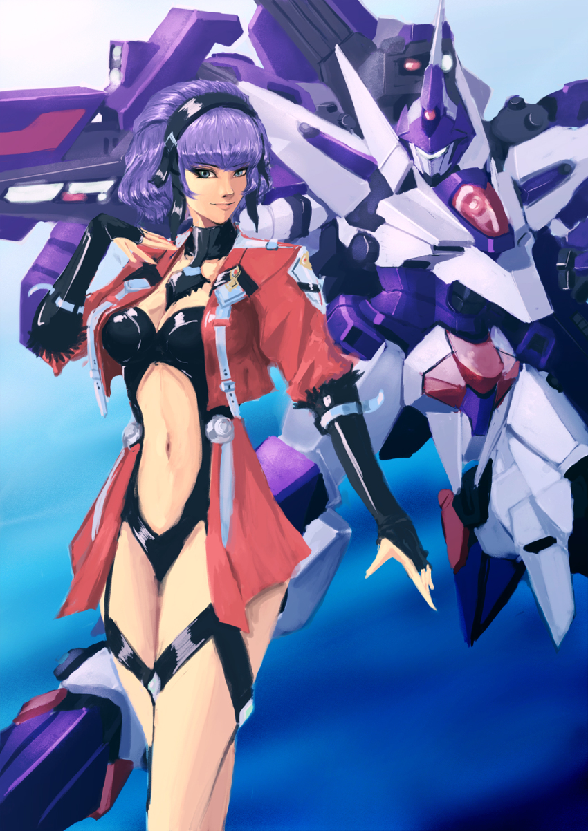 1girl aqua_centolm breasts bridal_gauntlets cerberus_(srw) cleavage female_focus green_eyes hairband highres jacket kadej mecha purple_hair robot solo super_robot_wars super_robot_wars_mx