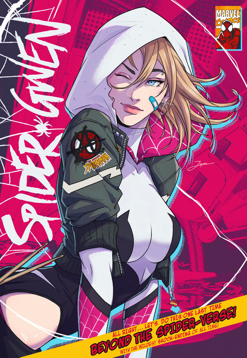 1girl bandage_on_face bandages blonde_hair blue_eyes breasts comic_cover english_text green_jacket highres jacket jhony_caballero one_eye_closed open_clothes open_jacket piercing short_hair spider-gwen spider_web_print upper_body white_hood