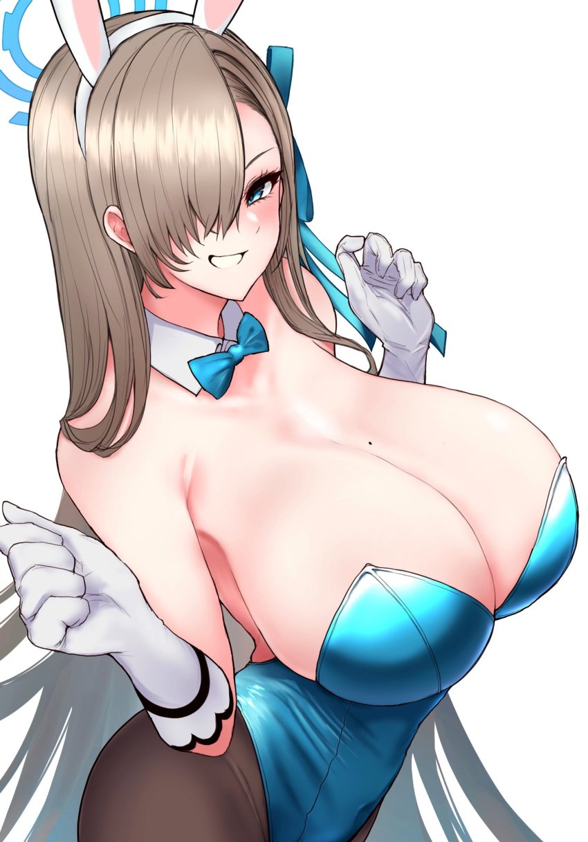 1girl animal_ears asuna_(blue_archive) asuna_(bunny)_(blue_archive) bare_shoulders blue_archive blue_bow blue_bowtie blue_eyes blue_leotard bow bowtie breasts cleavage commentary cowboy_shot detached_collar fake_animal_ears gloves grey_background halo highres huge_breasts leotard light_brown_hair mole mole_on_breast nabeshiki_(nabeyashiki) official_alternate_costume pantyhose playboy_bunny rabbit_ears solo strapless strapless_leotard traditional_bowtie white_gloves