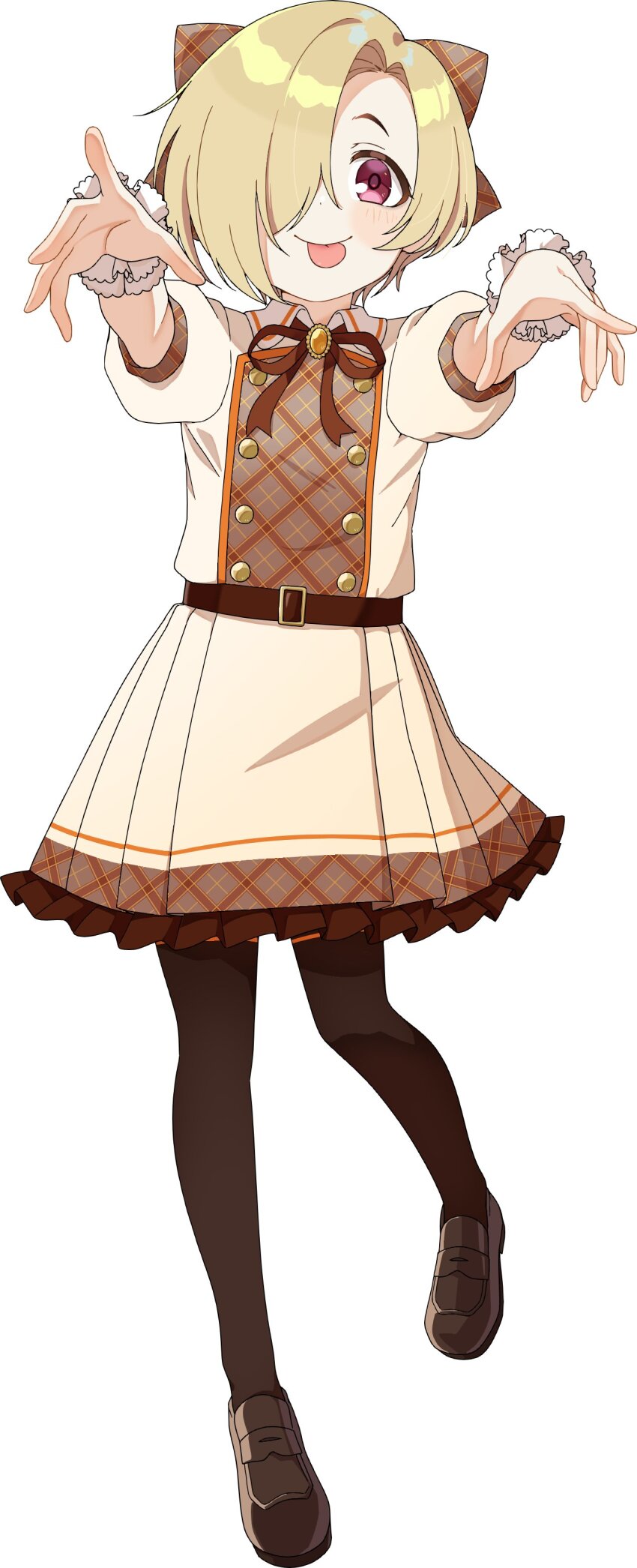 1girl :p absurdres belt belt_buckle black_thighhighs blonde_hair blush brooch brown_belt brown_ribbon buckle collar collared_dress dot_nose dress forehead frilled_dress frills full_body hair_over_eyes hair_ribbon highres idolmaster idolmaster_cinderella_girls idolmaster_cinderella_girls_starlight_stage jewelry looking_at_viewer mary_janes neck_ribbon outstretched_arms parted_bangs plaid_clothes plaid_dress plaid_ribbon puffy_short_sleeves puffy_sleeves purple_eyes ribbon sachiko_mofu scrunchie shirasaka_koume shoes short_hair short_sleeves sidelocks simple_background solo standing straight-on swept_bangs thighhighs tongue tongue_out white_background white_collar white_dress wrist_scrunchie zettai_ryouiki zombie_pose