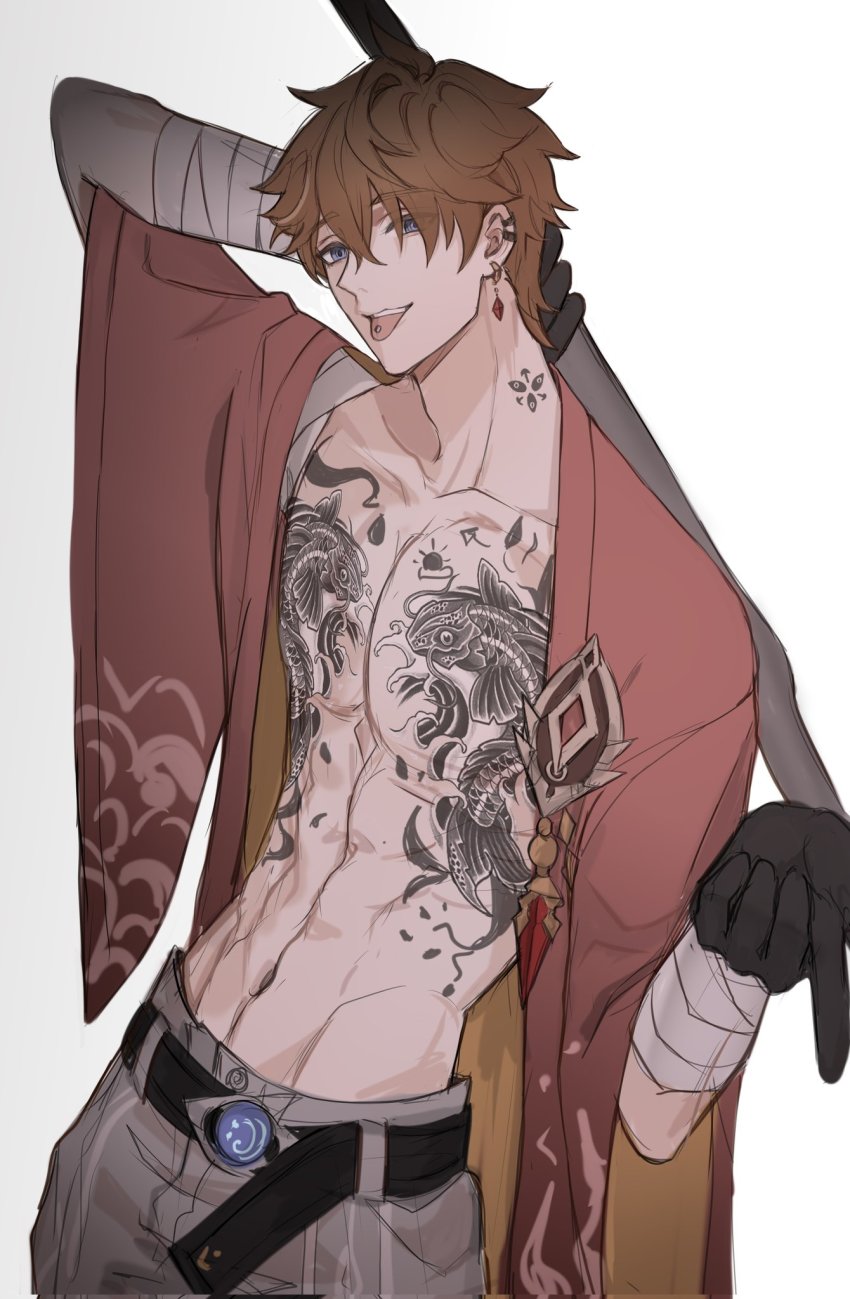 1boy abs bandaged_arm bandages black_gloves blue_eyes brown_hair chest_tattoo commentary corrupted_twitter_file earrings english_commentary genshin_impact gloves hair_between_eyes haze_(ha_ze) highres holding holding_weapon jewelry male_focus neck_tattoo open_clothes pants piercing simple_background single_earring solo tartaglia_(genshin_impact) tattoo toned toned_male tongue tongue_out tongue_piercing vision_(genshin_impact) weapon white_background wide_sleeves