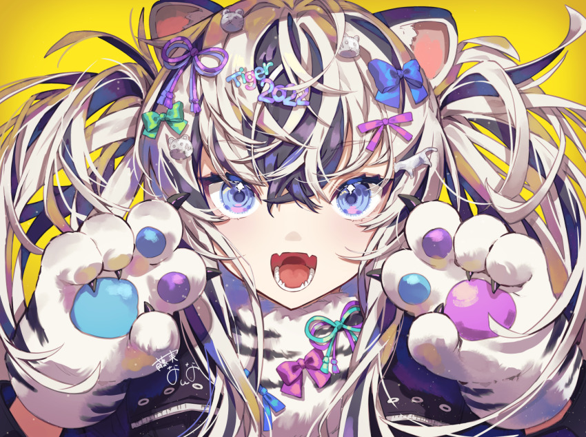 1girl 2022 animal_ears animal_hands blue_eyes bow chinese_zodiac fujimi_nanna hair_between_eyes hair_ornament looking_at_viewer open_mouth original solo tiger tiger_ears tiger_girl white_tiger year_of_the_tiger yellow_background