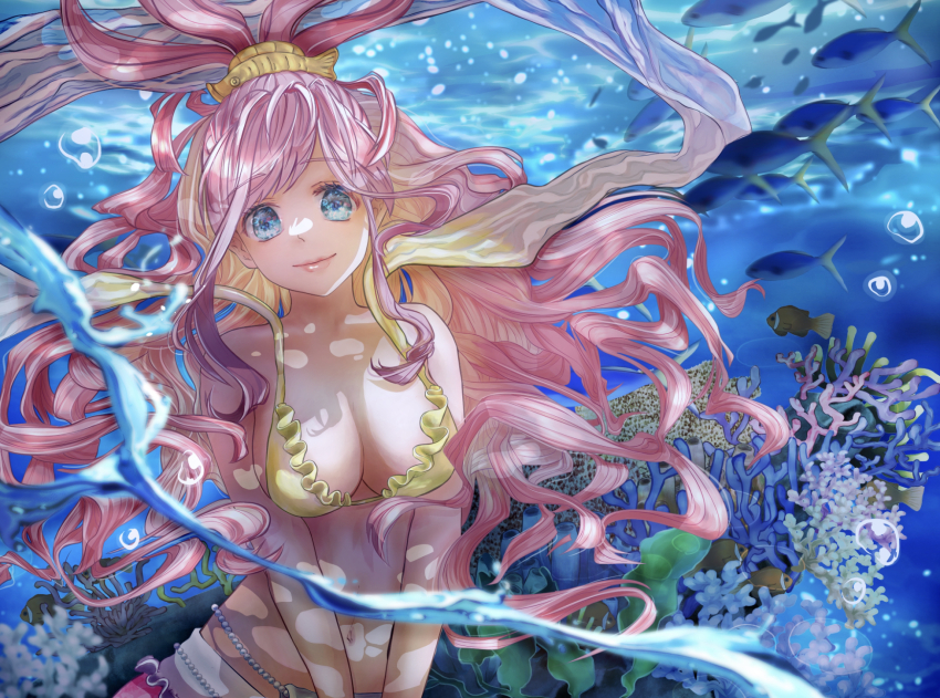 1girl bikini blue_eyes bubble closed_mouth commentary_request coral fish fish_hair_ornament floating_hair hagoromo hair_ornament half_updo highres long_hair looking_at_viewer mermaid monster_girl one_piece pink_hair shawl shirahoshi sidelocks smile swept_bangs swimsuit underwater user_xvgy7543 very_long_hair yellow_bikini