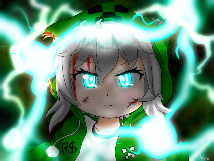 2018 artist_request battle blood blood_on_face blue_eyes blush burning_clothes charged_creeper creeper creeper_hoodie female_focus glowing glowing_eyes green_hoodie grey_hair hood hoodie lightning long_image minecraft personification scar shirt short_hair simple_background solo tagme tall_image white_shirt wide_image aged_down 絵桜_彩