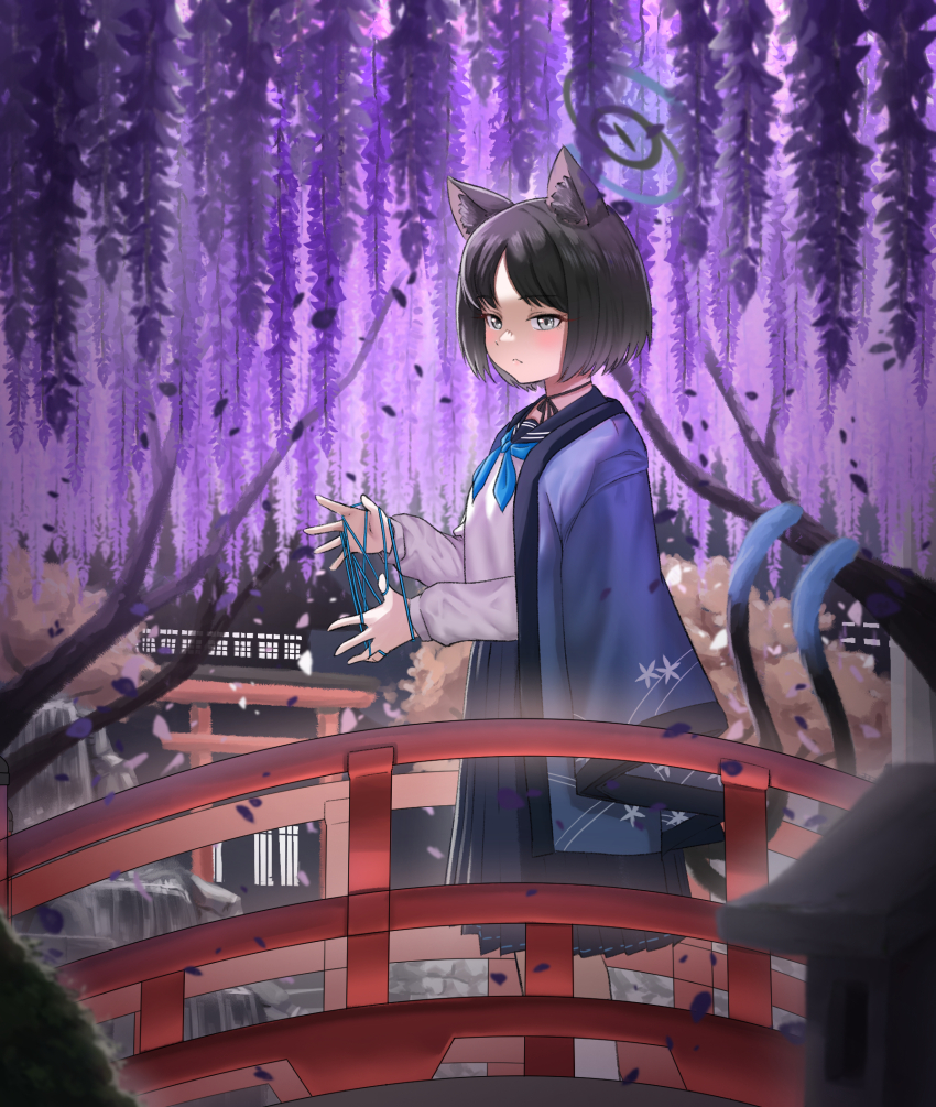 1girl adult_aongly animal_ear_fluff animal_ears arch_bridge arisaka bakeneko black_choker black_eyes black_hair black_nails black_ribbon black_sailor_collar blue_archive blue_halo blue_haori blue_neckerchief blue_sailor_collar blue_skirt blue_string blunt_ends blush bolt_action bridge cat&#039;s_cradle cat_ears cat_girl cat_tail choker closed_mouth falling_petals flower grey_eyes gun halo haori highres holding holding_string jacket jacket_on_shoulders japanese_clothes kikyou_(blue_archive) kimono_on_shoulders kneehighs long_sleeves looking_at_viewer medium_skirt multiple_tails neckerchief outdoors parted_bangs petals pleated_skirt purple_flower ribbon ribbon-trimmed_skirt ribbon_choker ribbon_trim rifle sailor_collar scenery school_uniform serafuku shirt short_hair skirt smile socks solo standing stone_lantern string tabi tail torii tree two_tails weapon white_serafuku white_shirt white_socks wisteria wooden_bridge