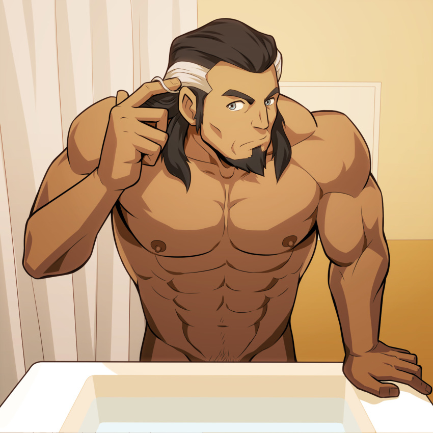 1boy abs avatar_legends bara bathroom highres looking_at_viewer male_focus multicolored_hair muscular nipples pectorals sink solo the_legend_of_korra tonraq_(avatar) zelo-lee