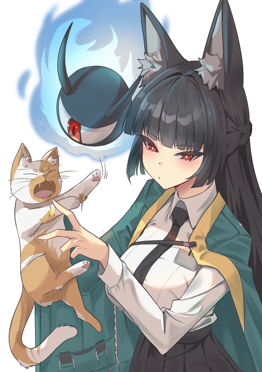 1girl absurdres animal animal_ears black_necktie cape cat collared_shirt green_cape highres hoshimi_miyabi long_hair long_sleeves name_tag necktie panvyru shirt solo traditional_youkai zenless_zone_zero