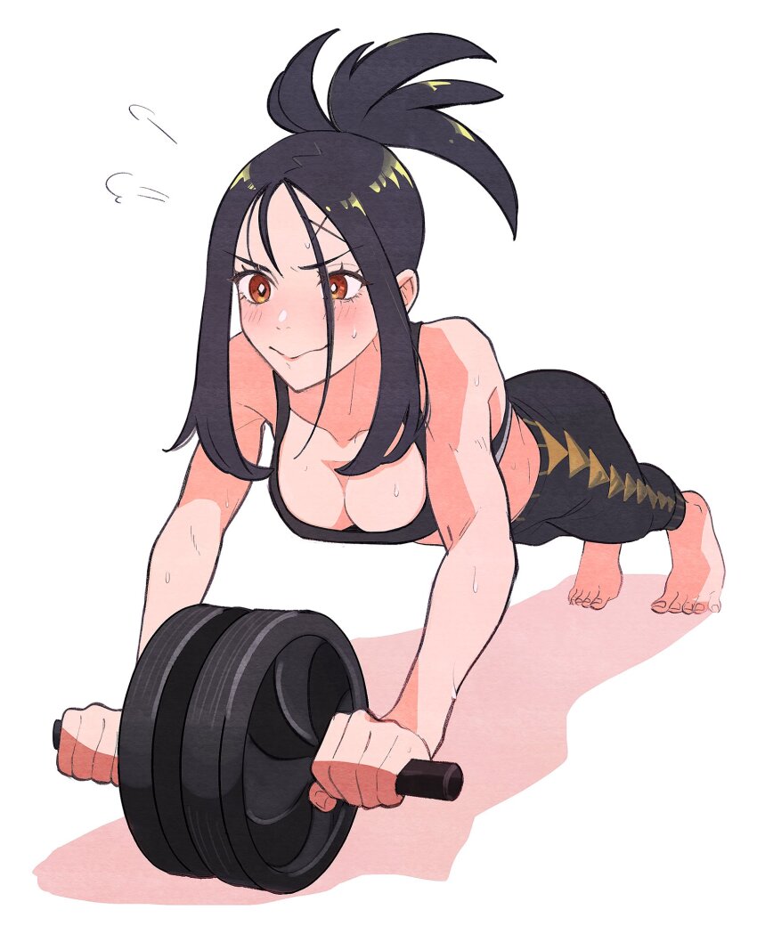 1girl puff_of_air ab_roller bare_arms barefoot black_hair black_pants blush breasts brown_eyes cleavage closed_mouth commentary_request creatures_(company) dendra_(pokemon) exercising eyelashes game_freak highres holding medium_breasts nintendo osg_pk pants pokemon pokemon_sv solo sports_bra sweat tiptoes toes white_background