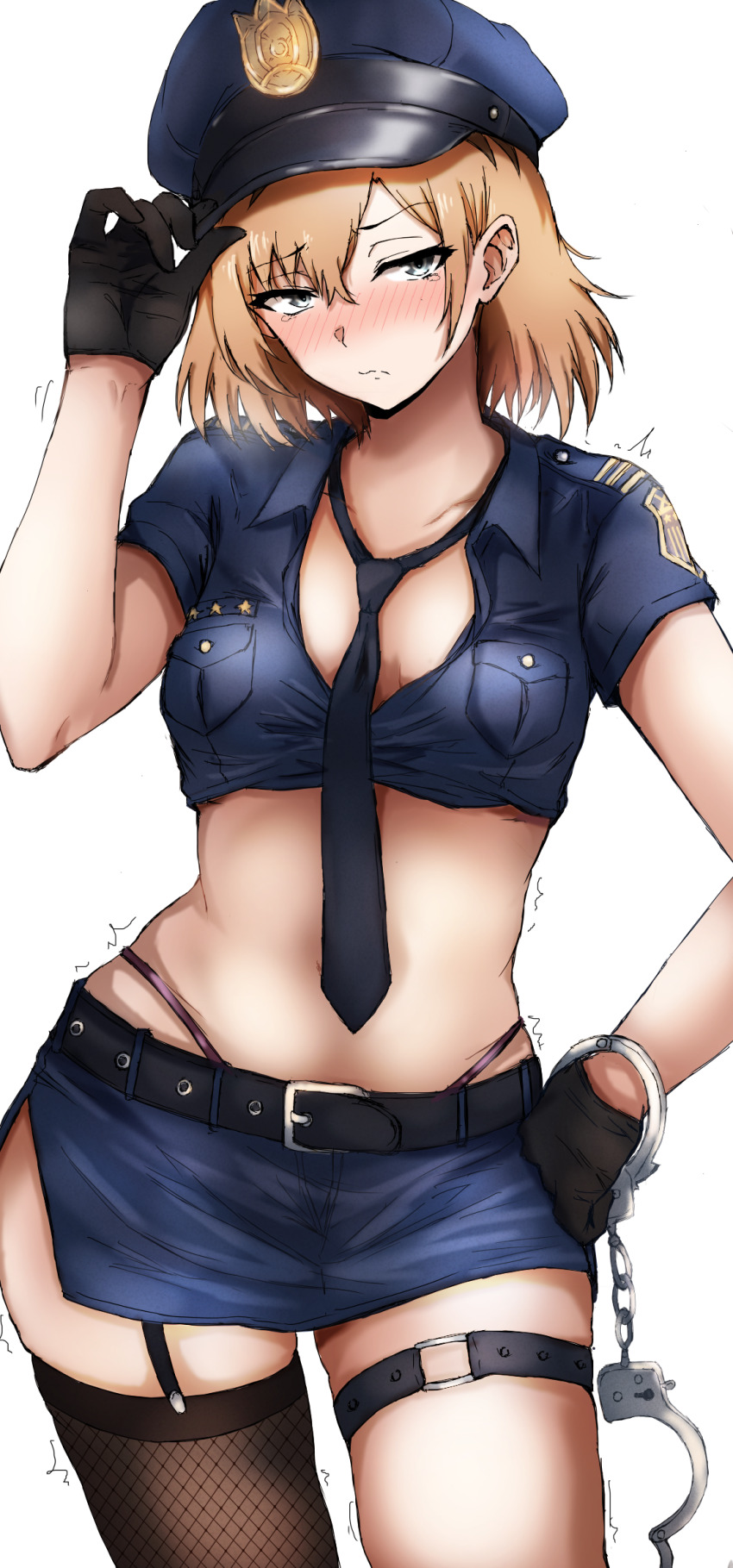 1girl belt black_gloves blonde_hair blue_hat blue_shirt blue_skirt blush breast_pocket breasts brown_thighhighs closed_mouth collared_shirt cosplay cowboy_shot crop_top cuffs embarrassed fishnet_thighhighs fishnets frown garter_straps gloves grey_eyes hand_on_own_hip hand_up handcuffs hat highleg highres looking_at_viewer midriff miniskirt miyamori_aoi necktie nose_blush panty_straps peaked_cap pencil_skirt pocket police police_hat police_uniform policewoman shirobako shirt short_hair short_sleeves side_slit simple_background single_thighhigh skirt small_breasts solo stomach tahita1874 tearing_up thigh_strap thighhighs thighs trembling wavy_mouth white_background