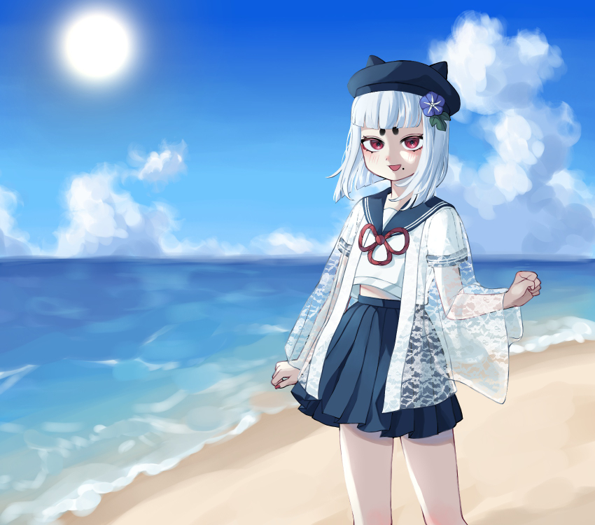 1girl beach cowboy_shot day haori highres horizon japan_(kuroussa) japanese_clothes kuroussa ocean original outdoors personification pink_eyes pleated_skirt sailor_collar school_uniform serafuku skirt sky solo sun white_hair