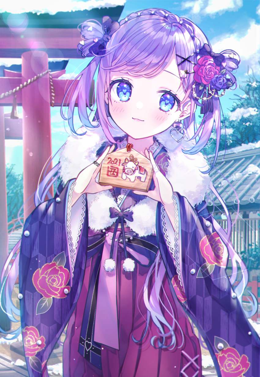 1girl 2021 blue_eyes blue_flower blue_hair chinese_zodiac cow earrings flower gradient_hair hair_behind_ear hair_flower hair_ornament heart heart_earrings highres indie_virtual_youtuber japanese_clothes jewelry kappe_reeka kimono light_blush long_hair looking_at_viewer multicolored_hair red_flower red_rose rose smile solo two_side_up very_long_hair virtual_youtuber wide_sleeves year_of_the_ox yukata yumeri_mery