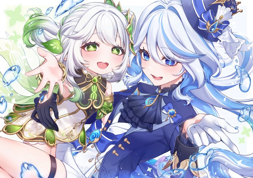 2girls :d absurdres arm_around_waist ascot asymmetrical_gloves bare_shoulders black_gloves bloomers blue_ascot blue_bow blue_eyes blue_gemstone blue_hair blue_hat blue_jacket blue_pupils blush bow bracelet cape detached_sleeves dress drop-shaped_pupils furina_(genshin_impact) gem genshin_impact gloves gold_trim gradient_hair green_cape green_eyes green_hair hair_between_eyes hair_ornament hat hat_bow heterochromia highres hydro_symbol_(genshin_impact) jacket jewelry leaf_hair_ornament light_blue_hair long_hair long_sleeves looking_at_viewer mismatched_gloves multicolored_hair multiple_girls nahida_(genshin_impact) nemu_o3o open_mouth ouji_fashion outstretched_arm pointy_ears short_sleeves shorts side_ponytail sleeveless sleeveless_dress smile star-shaped_pupils star_(symbol) streaked_hair symbol-shaped_pupils teeth thigh_strap underwear upper_teeth_only very_long_hair vision_(genshin_impact) water_drop white_bloomers white_dress white_gloves white_hair white_shorts