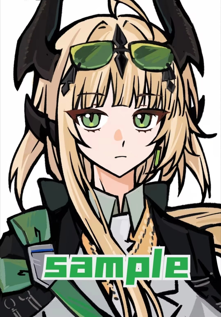 1girl ahoge arknights black_horns black_jacket black_outline blonde_hair blunt_bangs closed_mouth collared_shirt expressionless eyewear_on_head glasses green-tinted_eyewear green_eyes highres horns jacket long_hair looking_at_viewer outline reed_(arknights) sample_watermark shirt shishen_xiang_yu_pai simple_background solo thick_outlines tinted_eyewear upper_body watermark white_background white_shirt