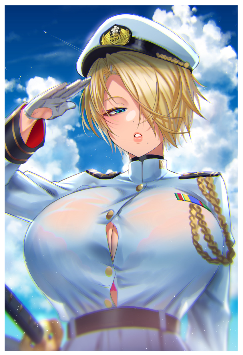 1girl absurdres aiguillette aircraft airplane anima_(togashi) asymmetrical_hair belt black_belt blonde_hair blue_eyes blue_sky blurry bra_visible_through_clothes breasts bursting_breasts button_gap buttons cleavage cloud cloudy_sky coat commentary contrail cynthia_(pokemon) depth_of_field epaulettes expressionless gloves hair_over_one_eye half_gloves hat highres huge_breasts katana lips long_sleeves looking_at_viewer military military_hat military_uniform mole mole_under_mouth original paizuri parted_bangs parted_lips peaked_cap salute see-through_clothes sheath sheathed short_hair sky solo sword symbol-only_commentary upper_body weapon wet wet_clothes white_coat white_gloves white_hat