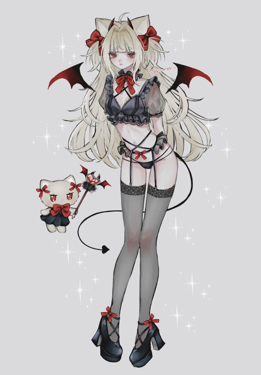 1girl absurdres animal_ears ankle_strap arms_behind_back blonde_hair bow cat cat_ears commentary cropped_shirt demon_girl demon_horns demon_tail demon_wings detached_collar expressionless footwear_ribbon full_body garter_belt hair_bow high_heels highres horns long_hair looking_at_viewer navel neck_ribbon original oysi_mysi panties red_eyes ribbon see-through_clothes see-through_sleeves short_sleeves solo sparkle symbol-only_commentary tail thighhighs two_side_up underwear very_long_hair wand wings