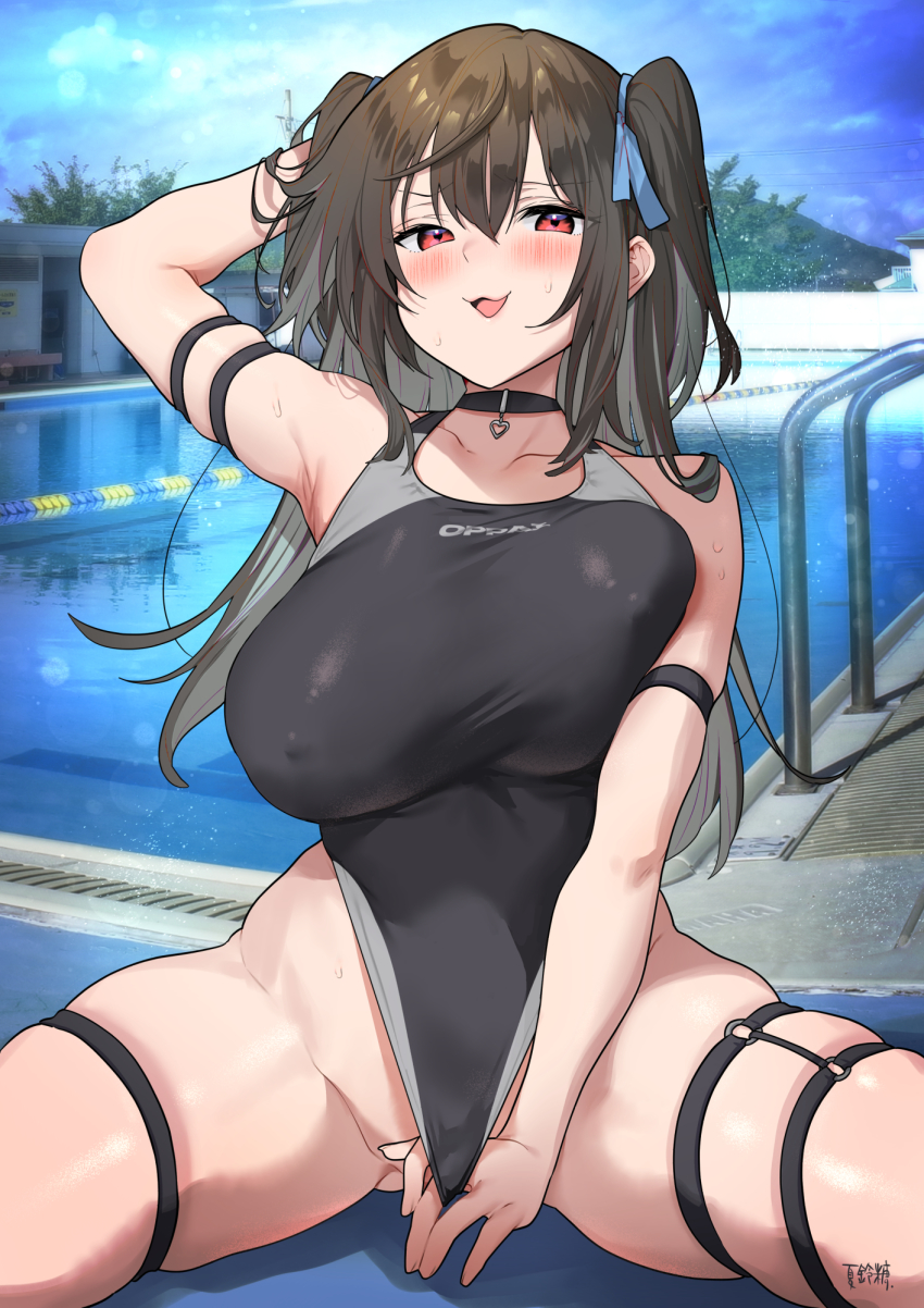 1girl ahoge arm_strap arm_up armpits black_choker black_one-piece_swimsuit blue_ribbon blue_sky blush breast_press breasts brown_hair choker cloud cloudy_sky commentary_request competition_swimsuit covered_erect_nipples cowboy_shot day hair_ribbon hand_under_clothes hand_under_swimsuit heart heart_choker highres karinto_yamada large_breasts long_hair looking_at_viewer o-ring o-ring_strap o-ring_thigh_strap one-piece_swimsuit open_mouth original outdoors photo_background pool poolside red_eyes ribbon signature sitting skindentation sky smirk solo spread_legs sweat swimsuit thigh_strap thighs two_side_up