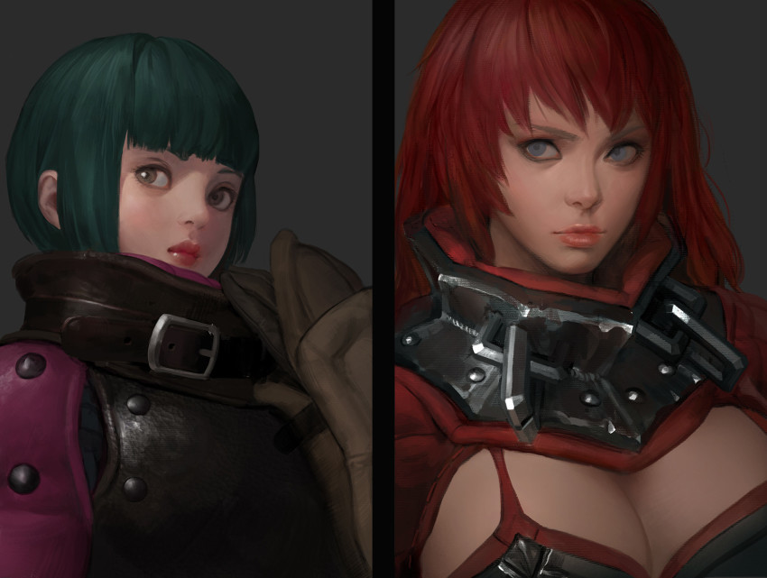 2girls armor belt blue_eyes bob_cut breasts brown_eyes cleavage cleavage_cutout clothing_cutout concept_art gloves green_hair grey_background highres hunting_era looking_at_viewer multiple_girls red_hair sangsoo_jeong short_hair simple_background small_breasts upper_body