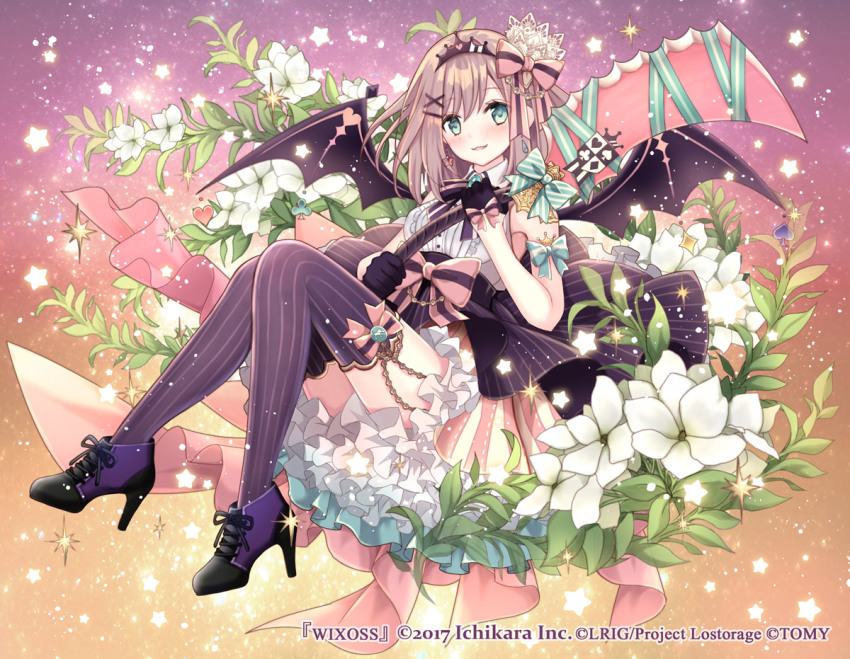 1girl axe bad_id bad_pixiv_id blouse blue_eyes blush boots bow brown_hair flower gloves hair_ornament hairclip high_heel_boots high_heels holding holding_weapon lavender_legwear nijisanji nozomi_fuuten pinstripe_legwear pinstripe_pattern purple_thighhighs shirt skirt solo striped suzuhara_lulu thighhighs tiara virtual_youtuber watermark weapon white_shirt wings