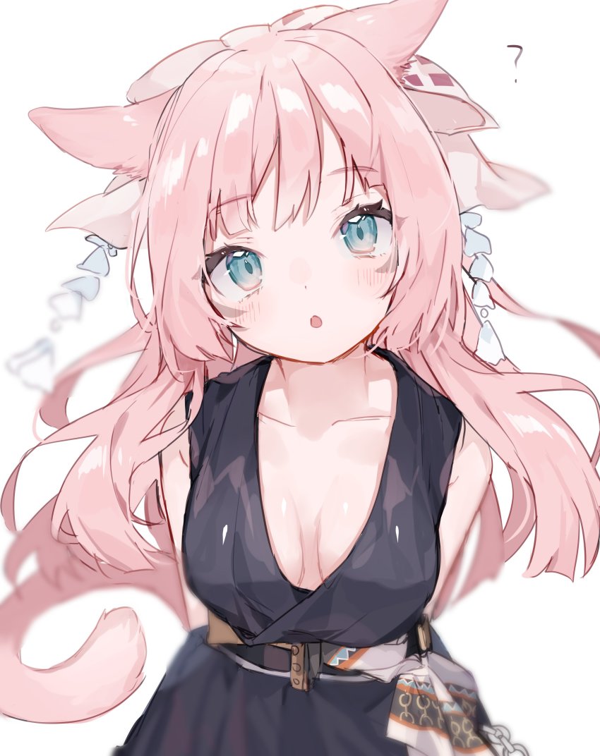 1girl :o ? absurdres animal_ears arms_behind_back warrior_of_light_(ff14) blue_eyes blush breasts cat_ears cat_tail collarbone commentary final_fantasy final_fantasy_xiv highres long_hair looking_at_viewer miqo&#039;te mokyuko open_mouth pink_hair sidelocks simple_background solo tail upper_body white_background