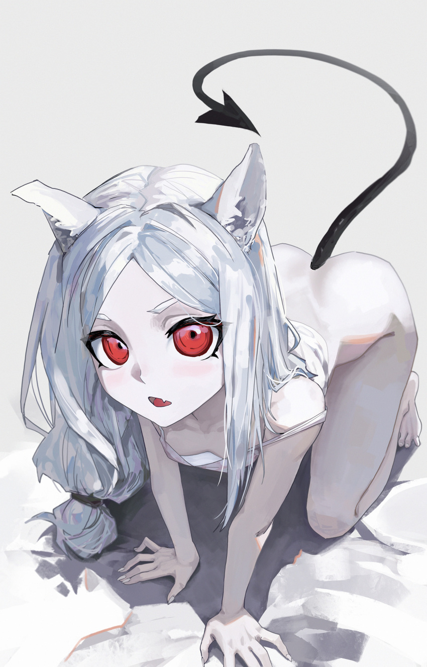 1girl absurdres all_fours animal_ears breasts cerberus_(helltaker) demon_tail from_above grey_background helltaker highres kiqusha long_hair red_eyes simple_background small_breasts solo tail white_hair